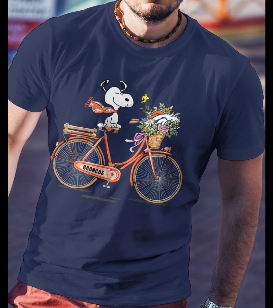 Denver Broncos Snoopy On Bicycle With Woodstock And Helmet T-Shirt