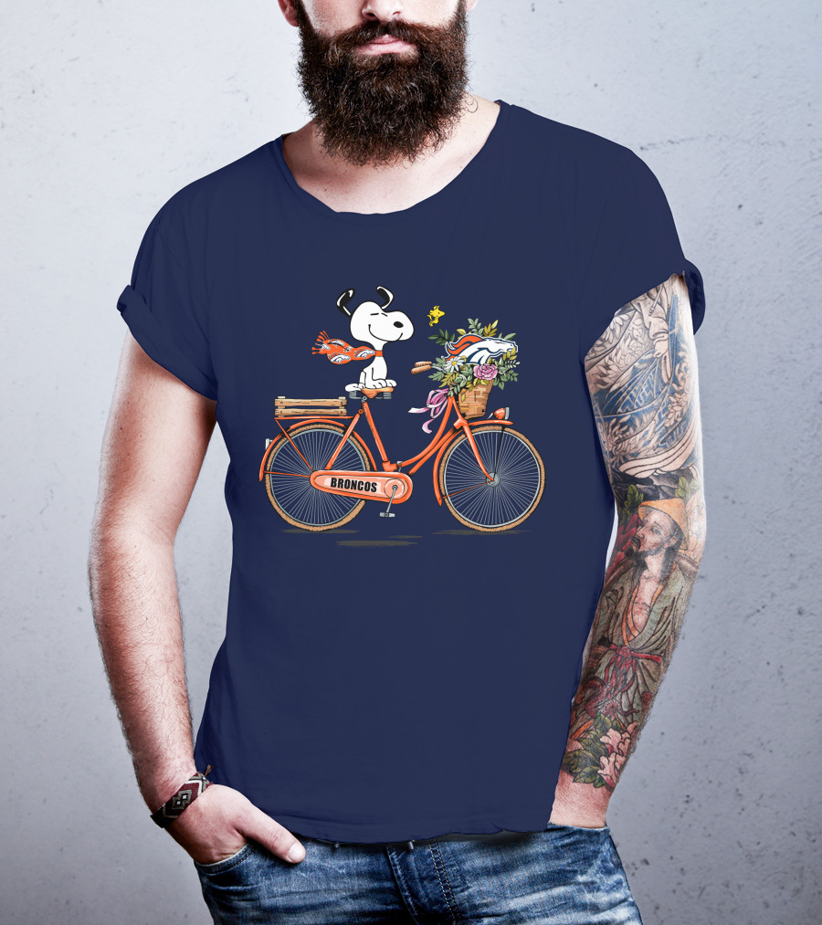Denver Broncos Snoopy On Bicycle With Woodstock And Helmet T-Shirt