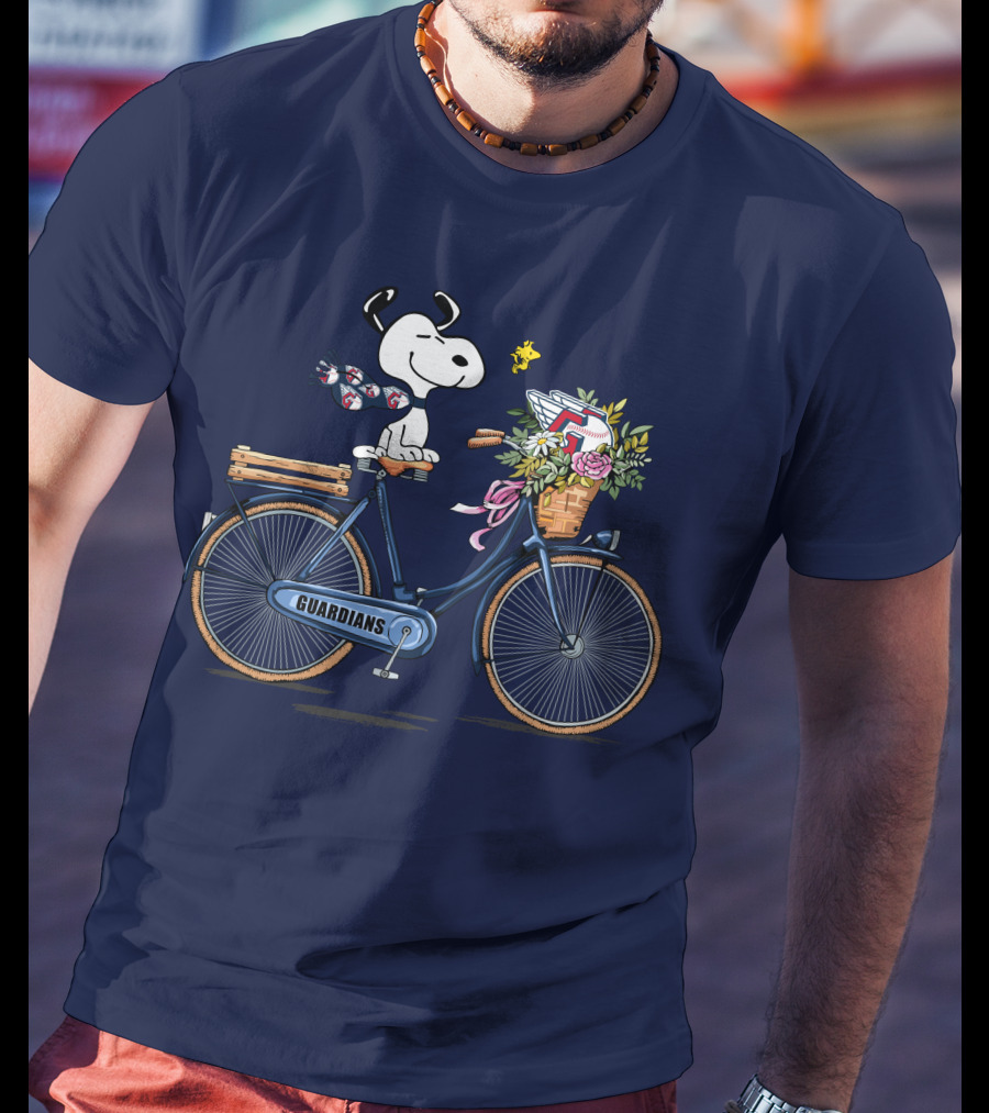 Cleveland Guardians Snoopy Riding Bicycle With Flowers And Baseball Bow Tie T-Shirt