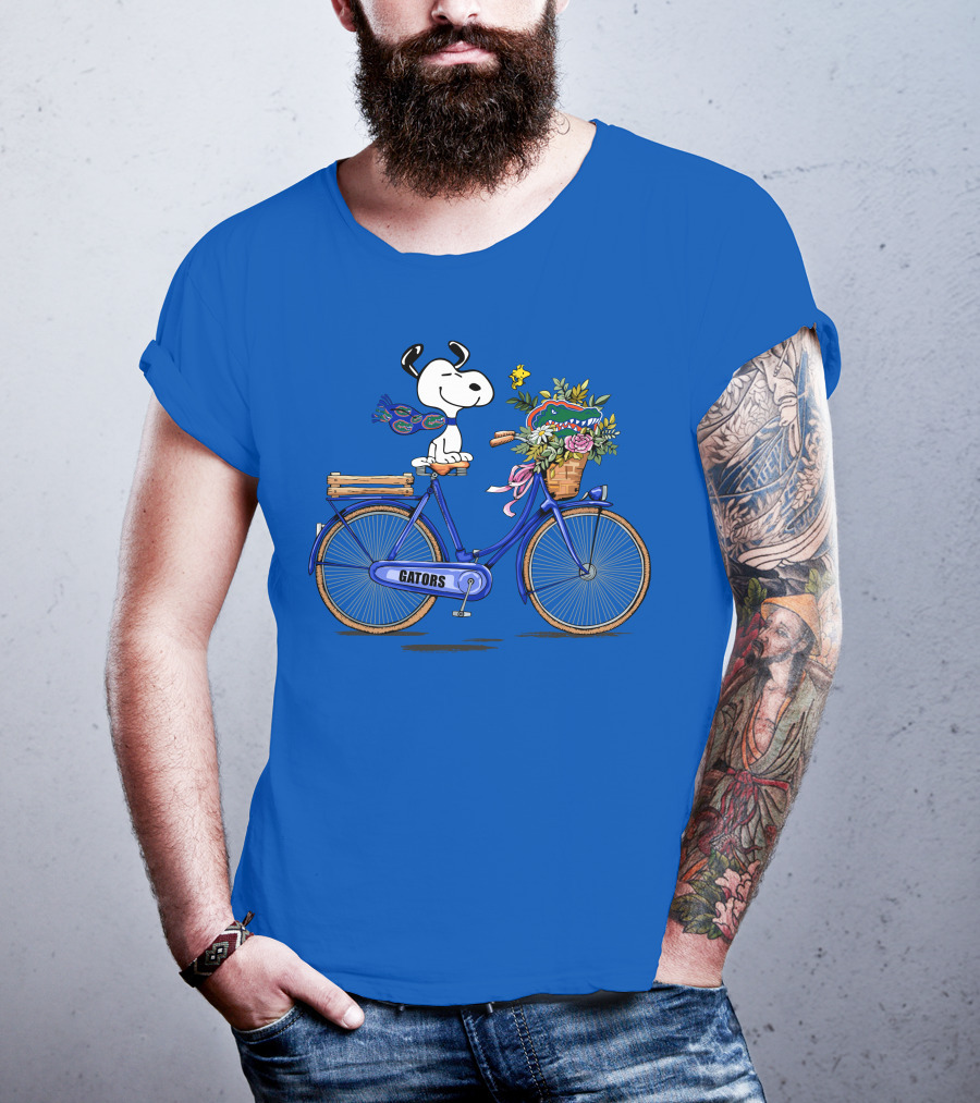 Snoopy Riding Gators Bike With Florida Gators Logo And Basket Of Flowers T-Shirt