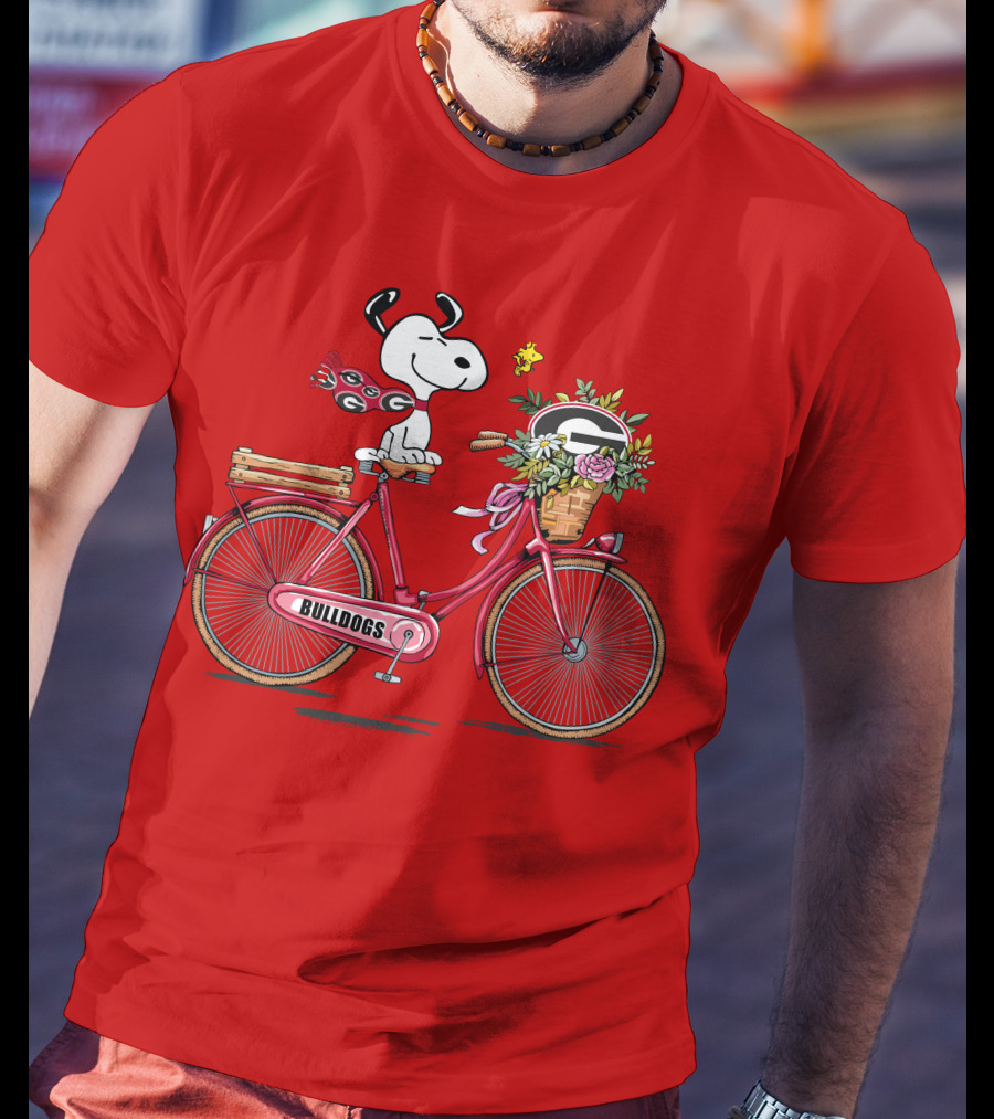 Georgia Bulldogs Snoopy Riding Bike With Flowers T-Shirt
