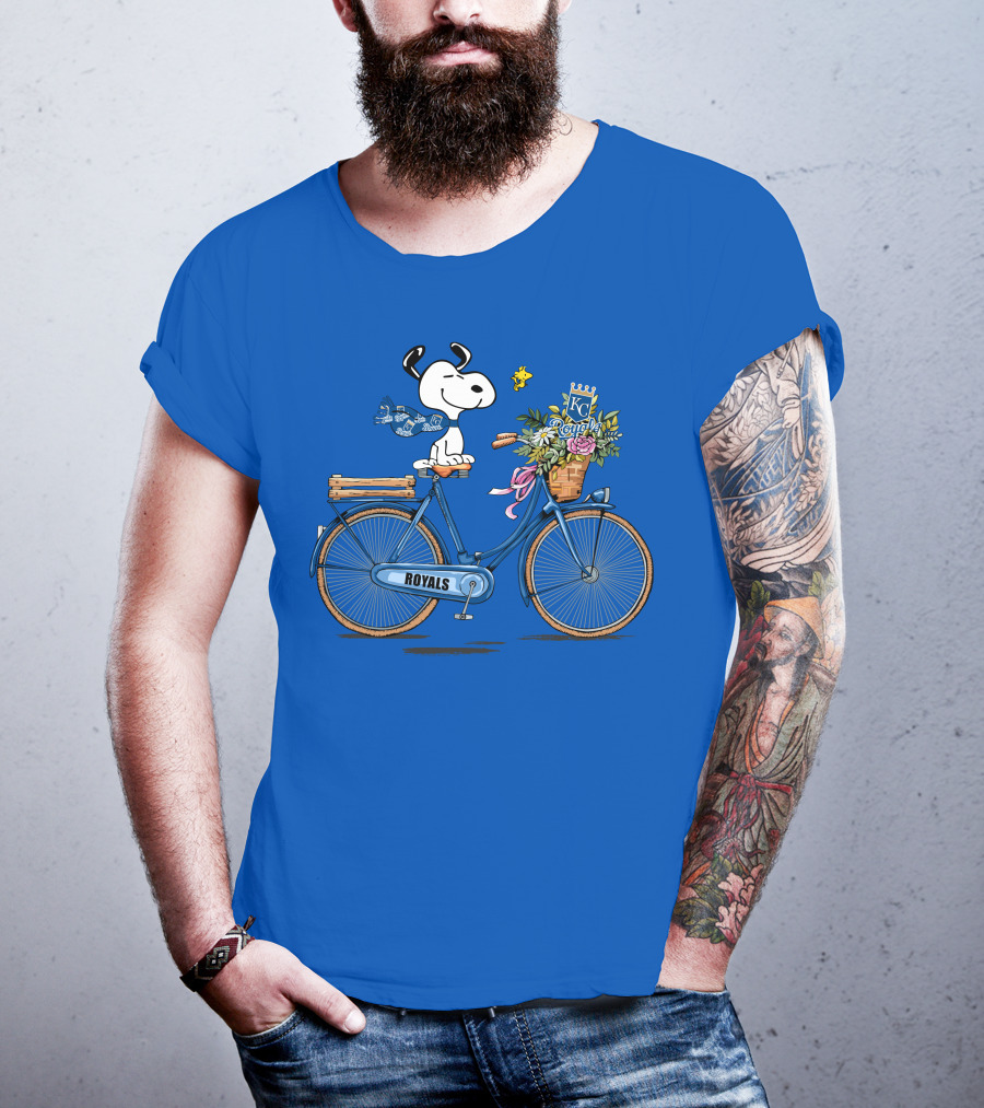Kansas City Royals Snoopy Riding Bicycle With Woodstock And Flowers T-Shirt