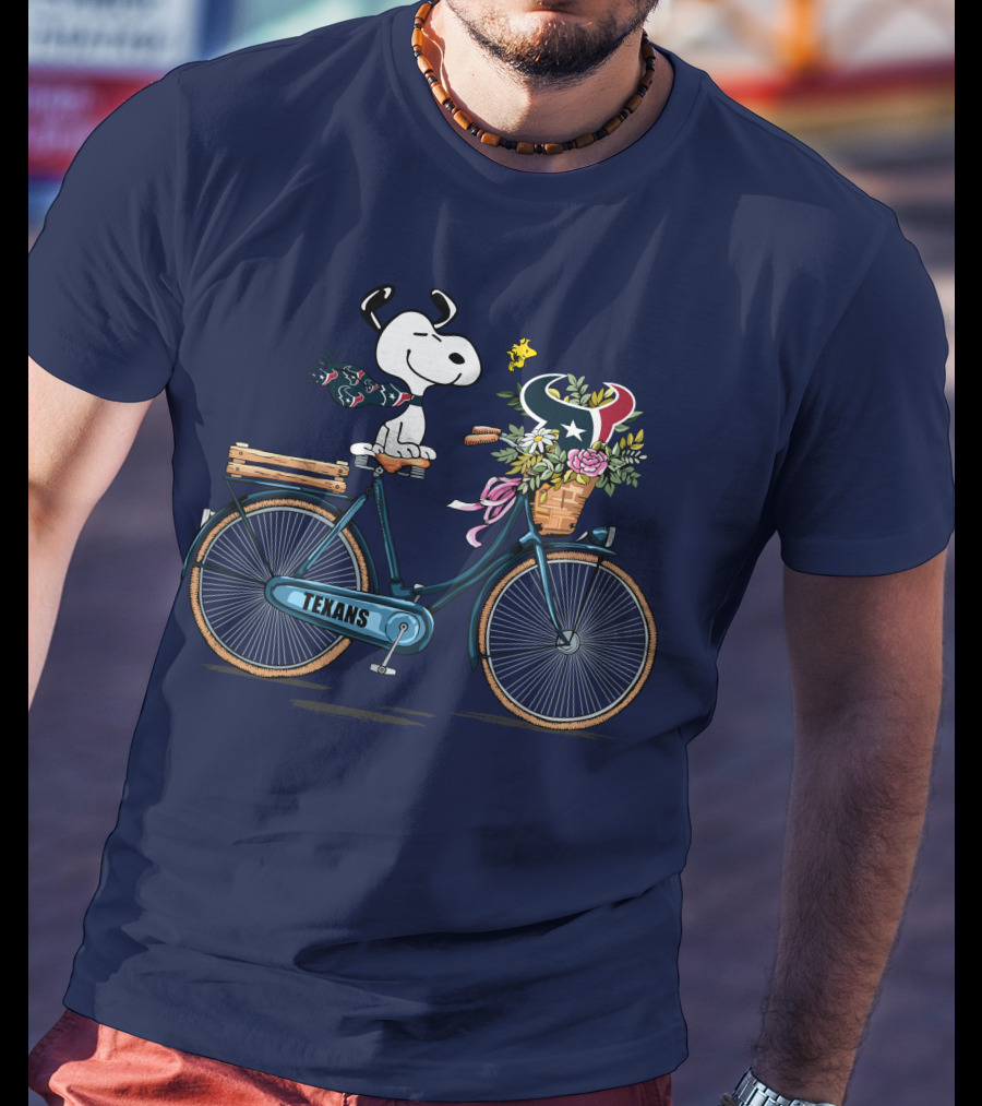 Texans Snoopy Bike Ride With Houston Logo And Flowers T-Shirt