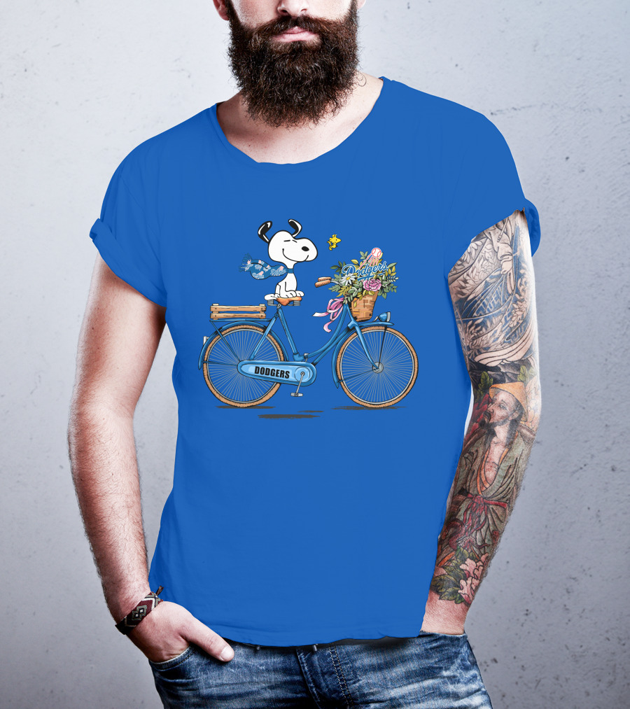 Los Angeles Dodgers Snoopy Riding Bicycle With Woodstock And Flowers T-Shirt