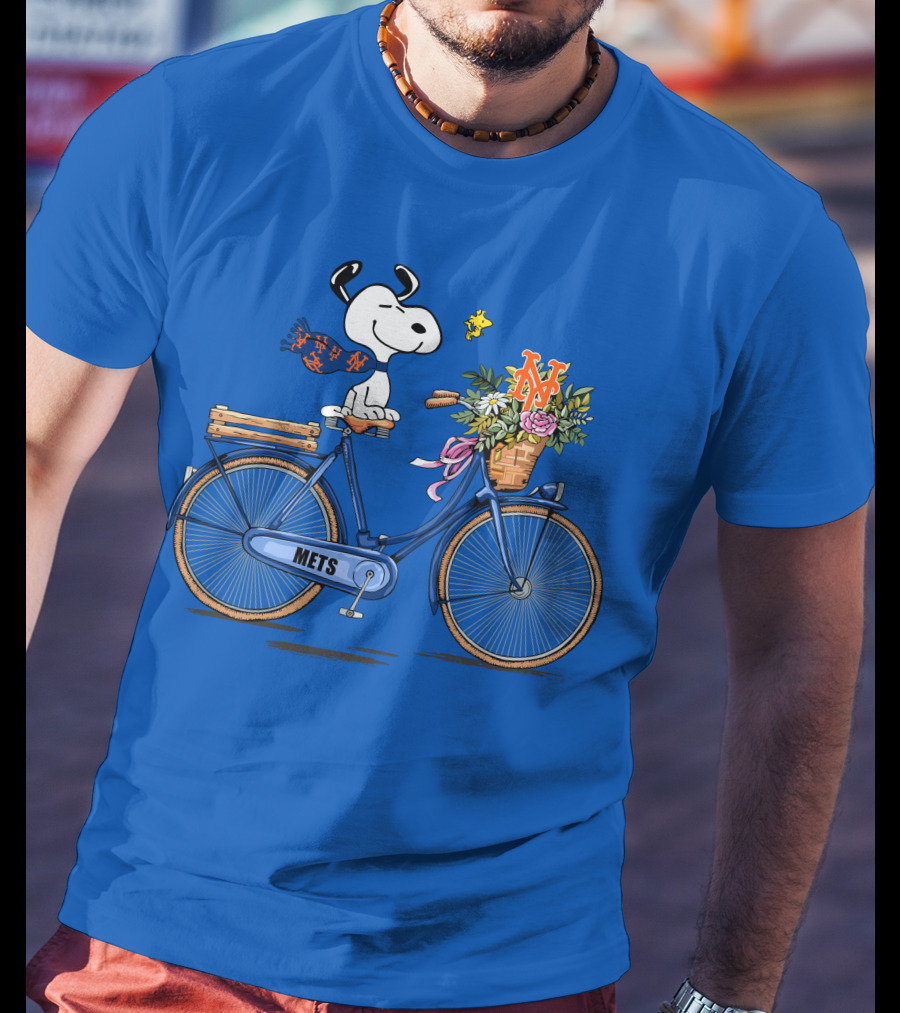 New York Mets Snoopy Bicycle Adventure With Baseball And Woodstock T-Shirt