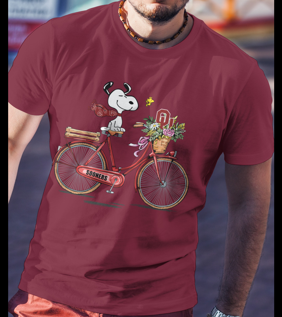 Oklahoma Sooners Snoopy Bicycle Flowers Woodstock T-Shirt