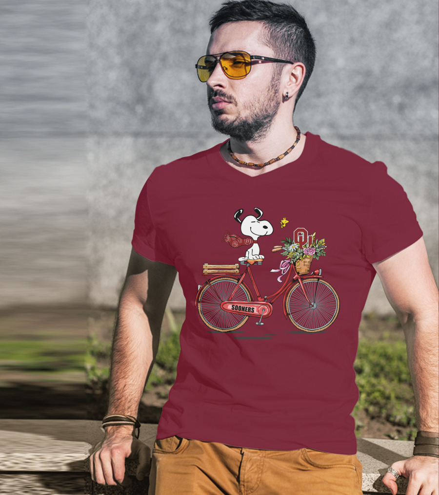 Oklahoma Sooners Snoopy Bicycle Flowers Woodstock T-Shirt