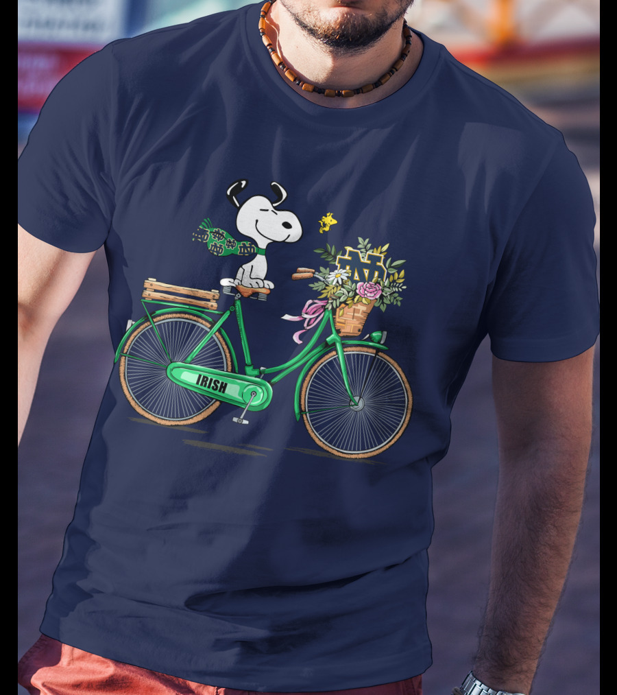 Notre Dame Fighting Irish Snoopy On Bicycle With Flowers And Woodstock T-Shirt