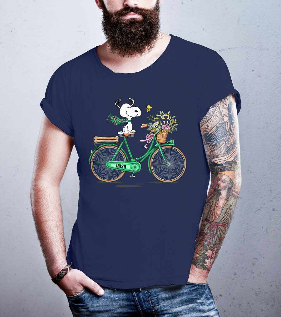 Notre Dame Fighting Irish Snoopy On Bicycle With Flowers And Woodstock T-Shirt