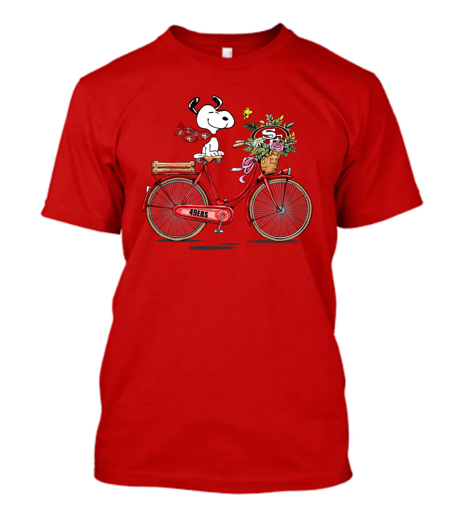 San Francisco 49ers Snoopy Riding Bike With Flowers T-Shirt