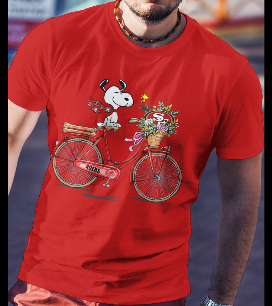 San Francisco 49ers Snoopy Riding Bike With Flowers T-Shirt