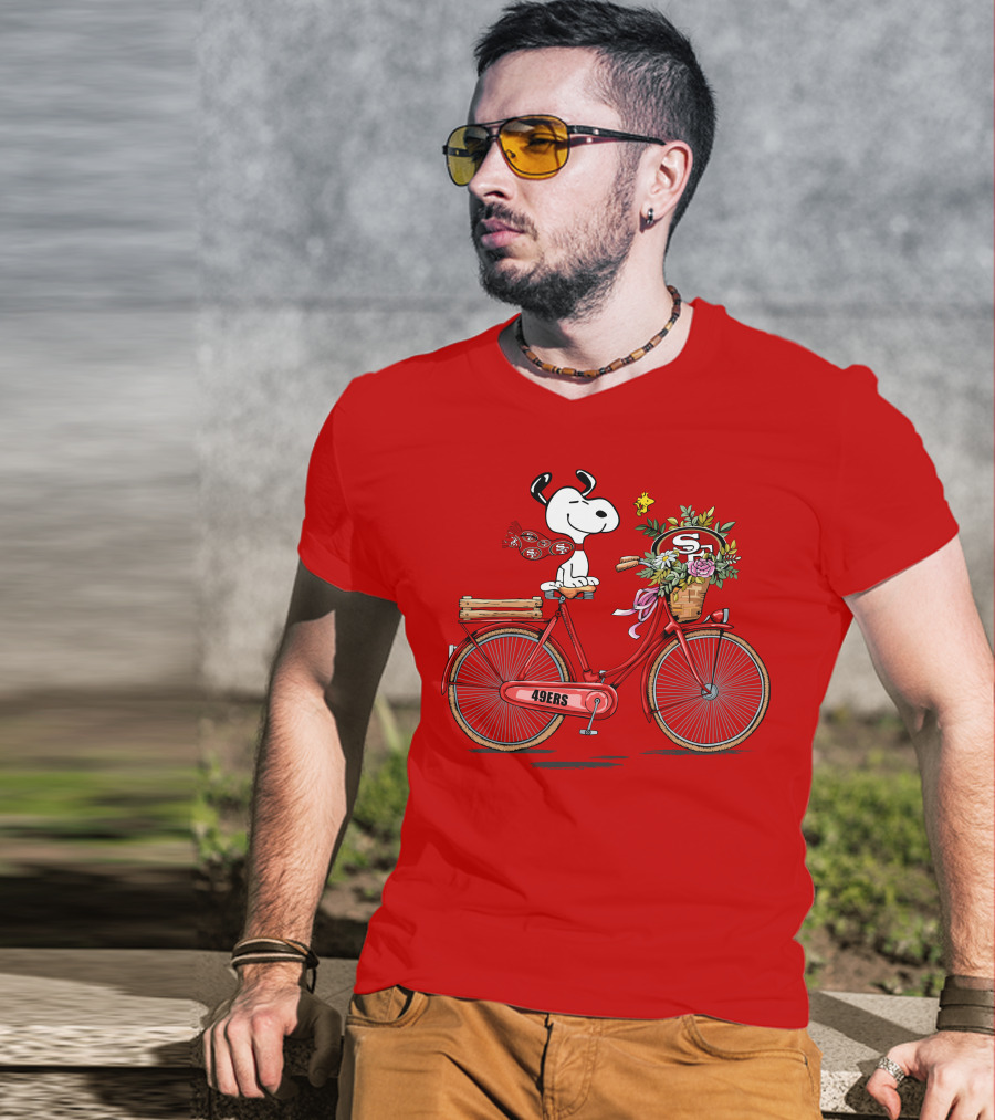 San Francisco 49ers Snoopy Riding Bike With Flowers T-Shirt