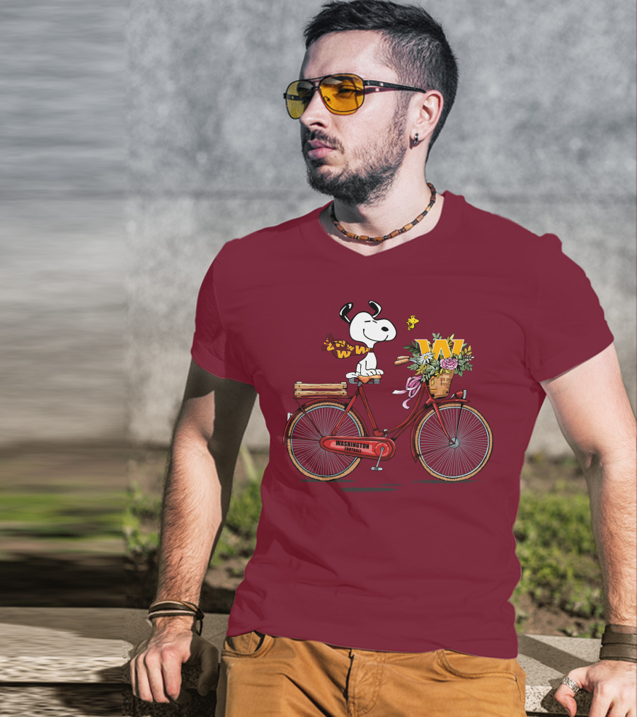 Washington Football Team Snoopy With Bicycle And Flowers T-Shirt