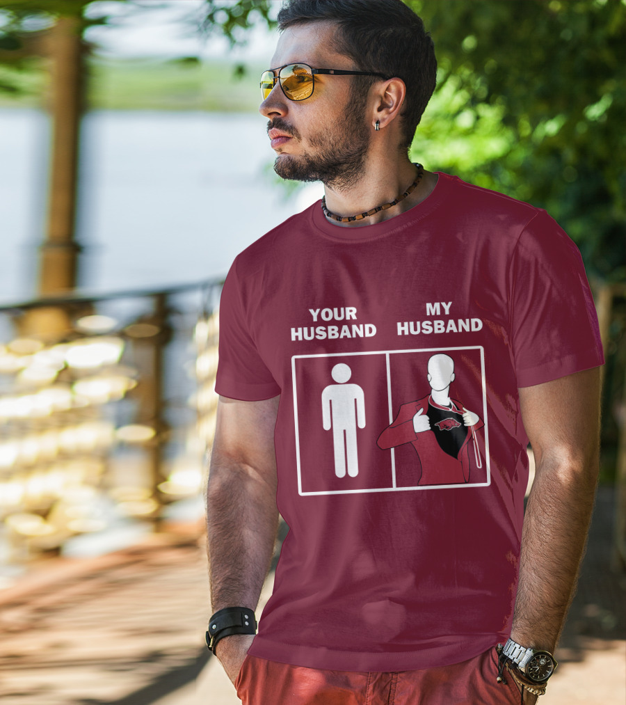 Arkansas Razorbacks Your Husband My Husband Superhero Fan Comparison T-Shirt