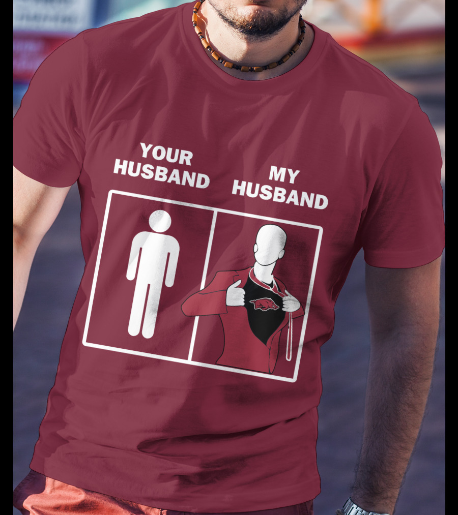 Arkansas Razorbacks Your Husband My Husband Superhero Fan Comparison T-Shirt