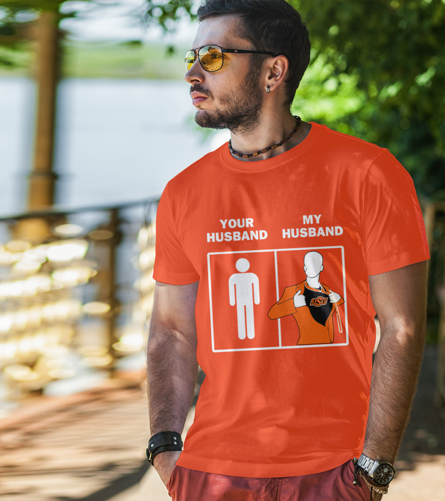 Oklahoma State Cowboys Your Husband My Husband OSU Logo Superhero Orange Suit T-Shirt