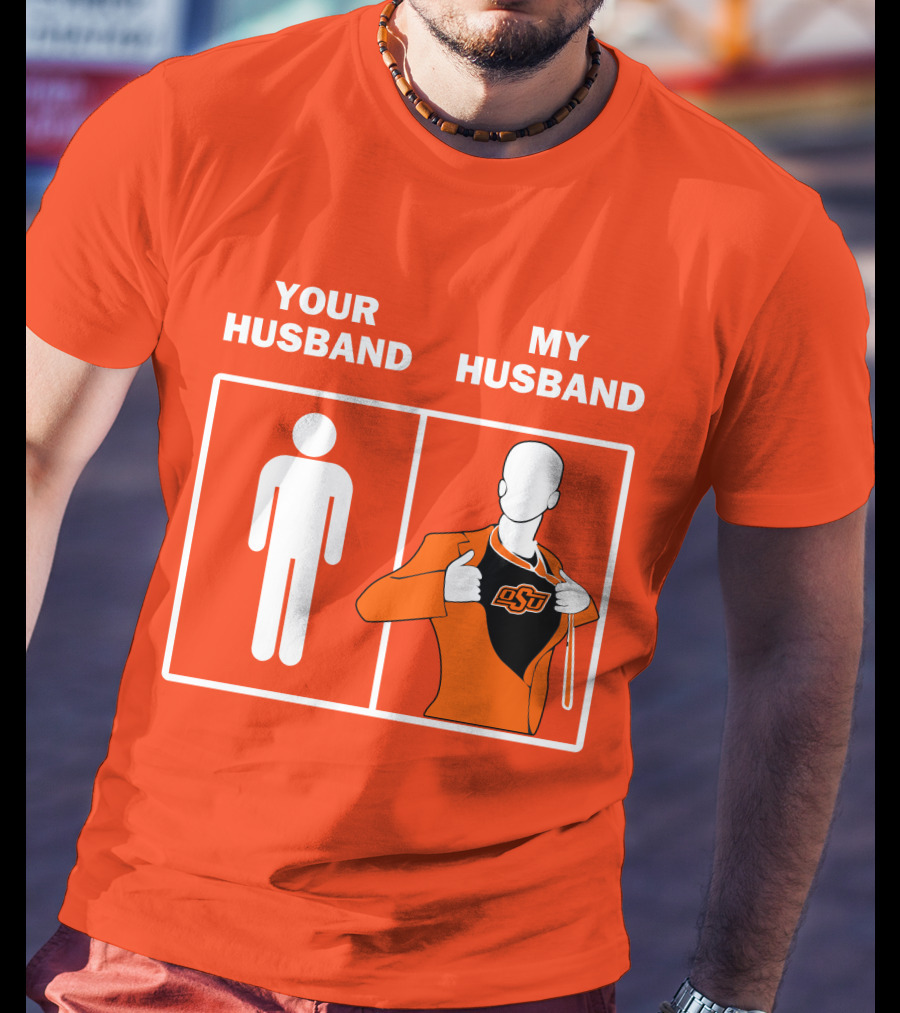 Oklahoma State Cowboys Your Husband My Husband OSU Logo Superhero Orange Suit T-Shirt