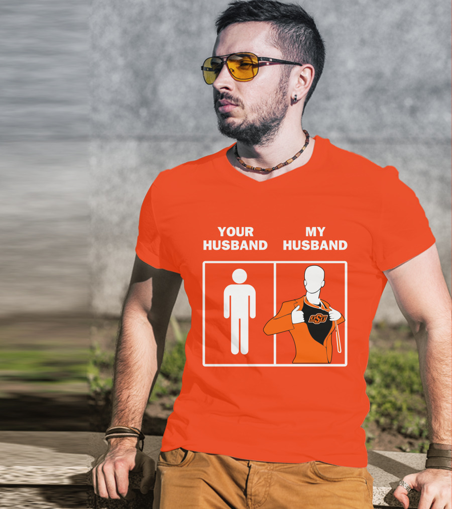 Oklahoma State Cowboys Your Husband My Husband OSU Logo Superhero Orange Suit T-Shirt