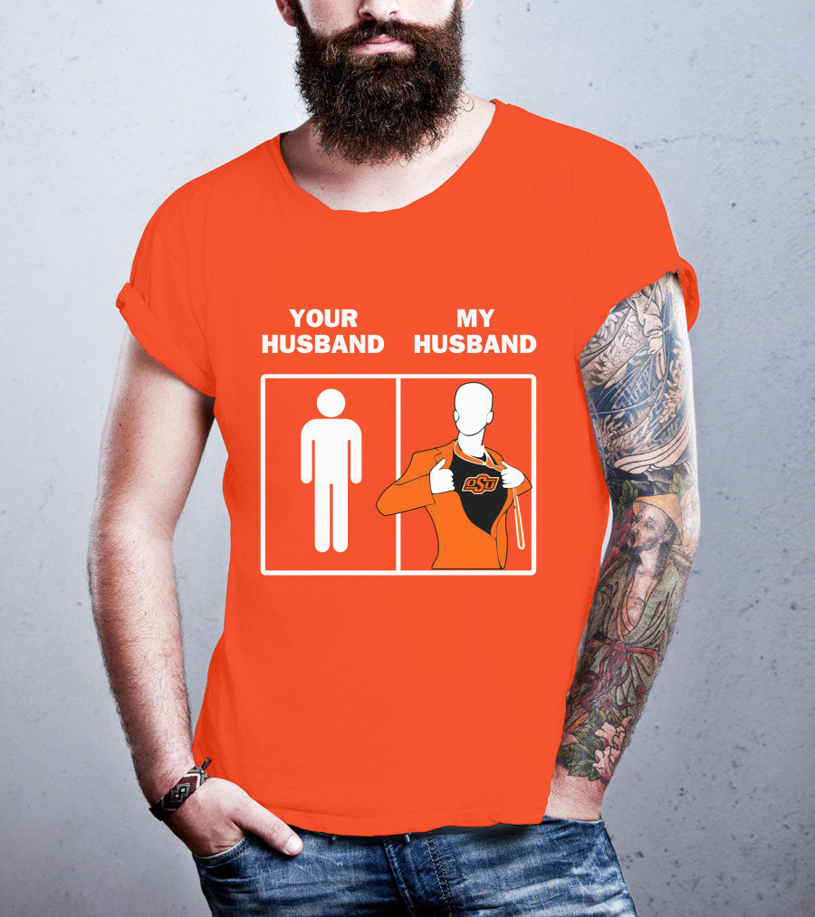 Oklahoma State Cowboys Your Husband My Husband OSU Logo Superhero Orange Suit T-Shirt