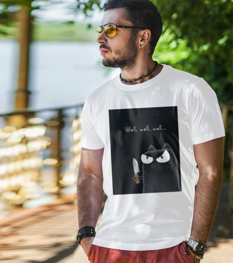 Well Well Well Purrinink Black Cat Knife Humor T-Shirt