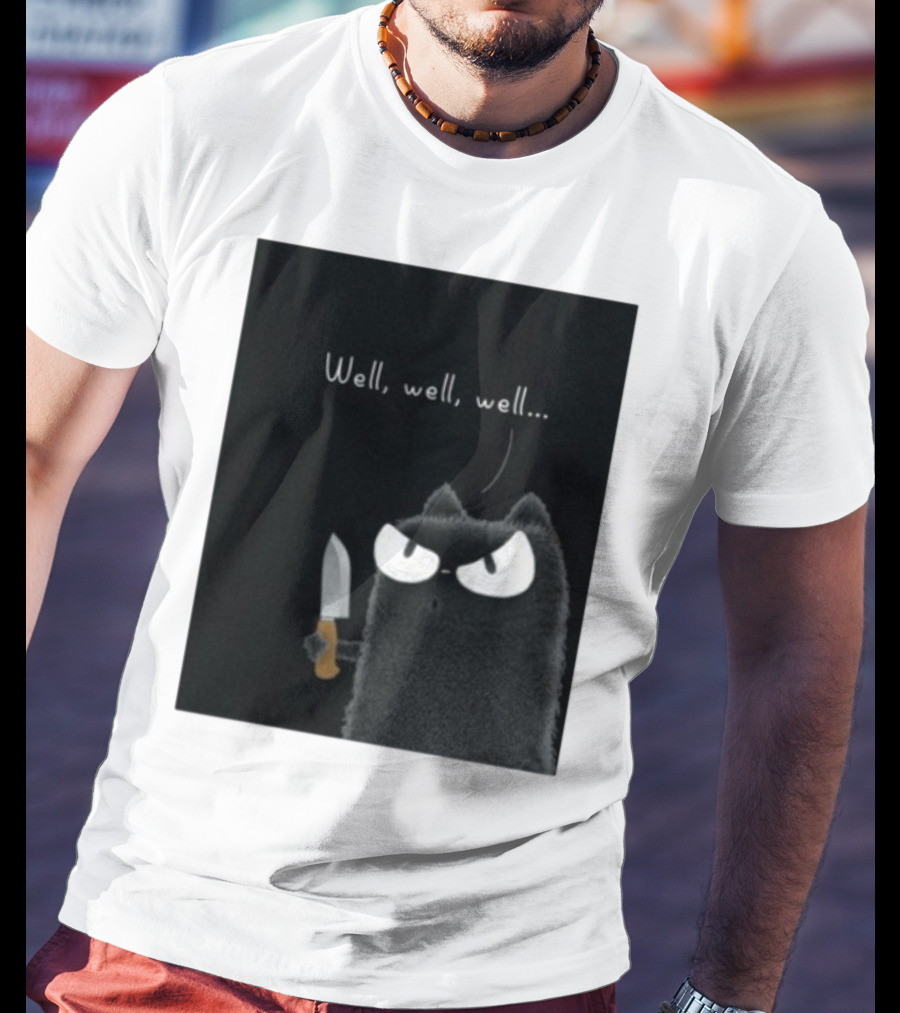 Well Well Well Purrinink Black Cat Knife Humor T-Shirt