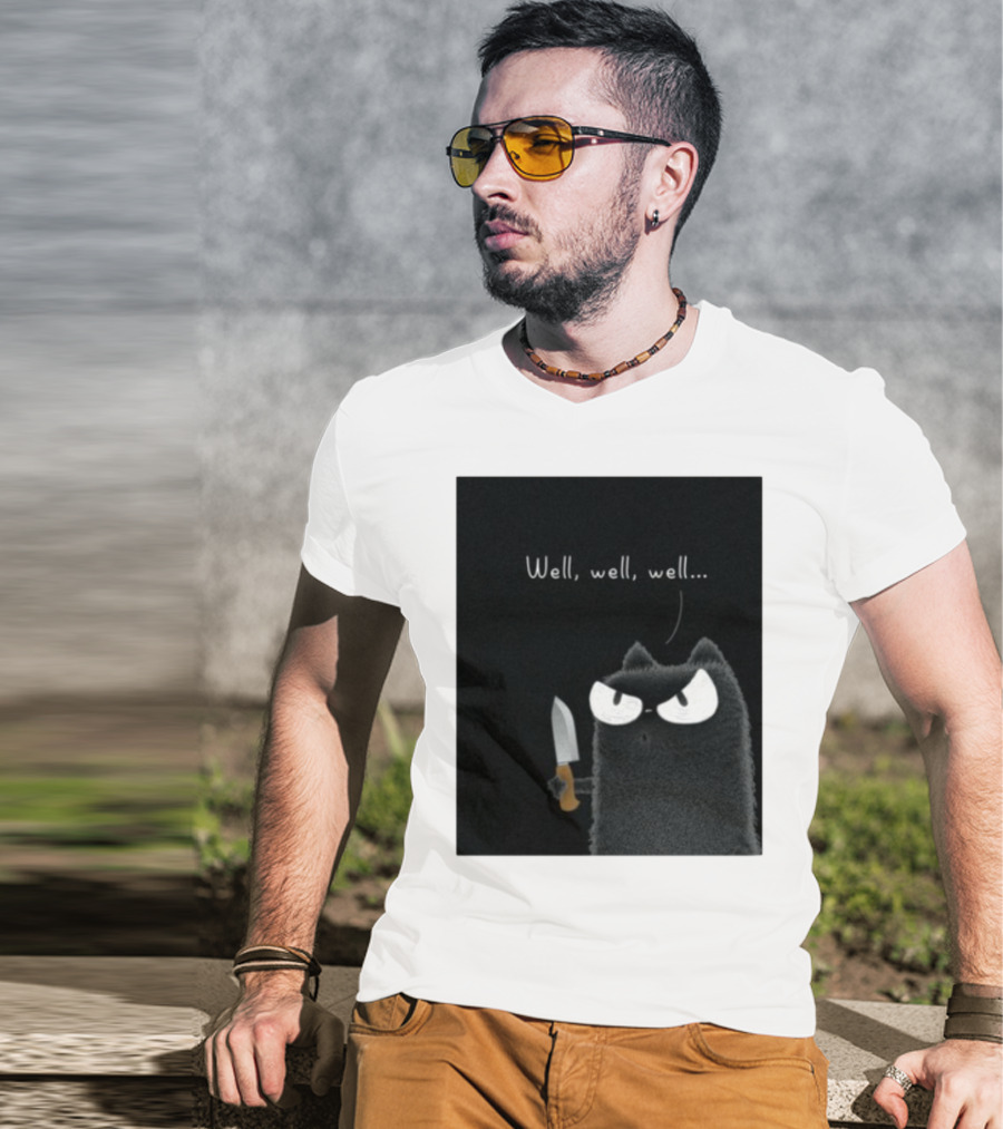 Well Well Well Purrinink Black Cat Knife Humor T-Shirt