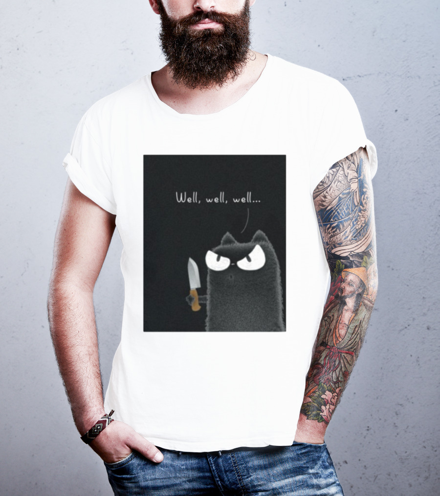 Well Well Well Purrinink Black Cat Knife Humor T-Shirt