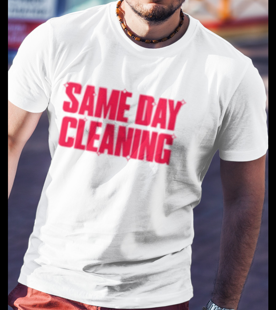 Sammy Virji Same Day Cleaning Bold Red Text T-Shirt