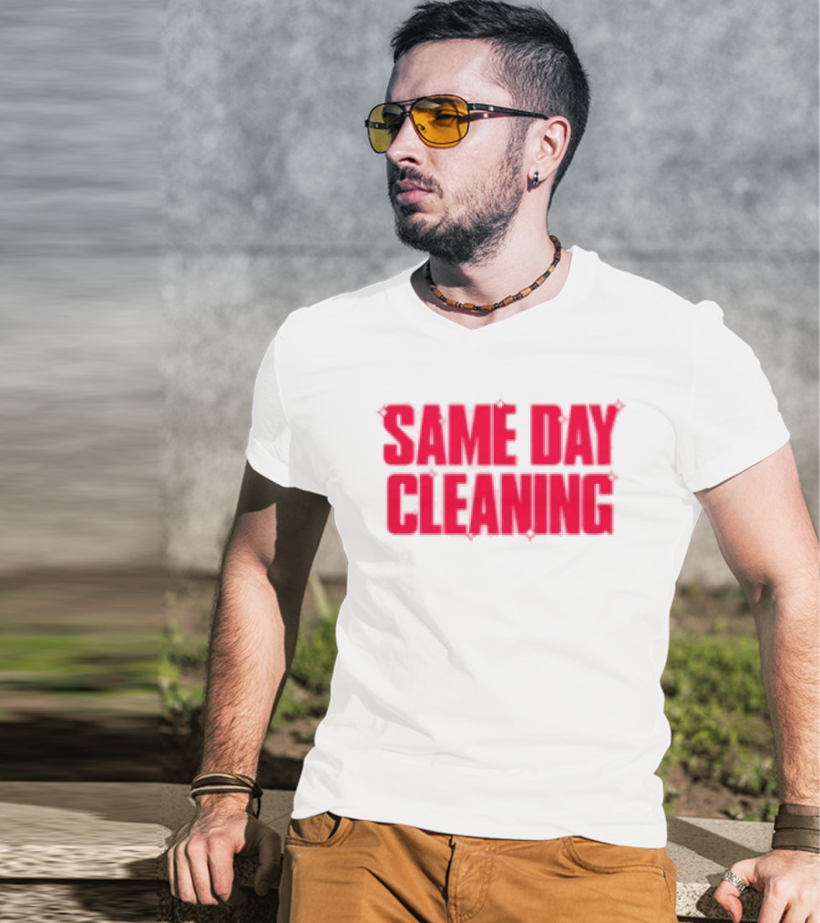 Sammy Virji Same Day Cleaning Bold Red Text T-Shirt
