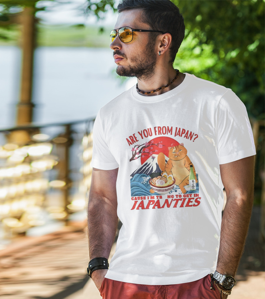 Are You From Japan Funny Cat Japanties Sushi Mt. Fuji Background T-Shirt
