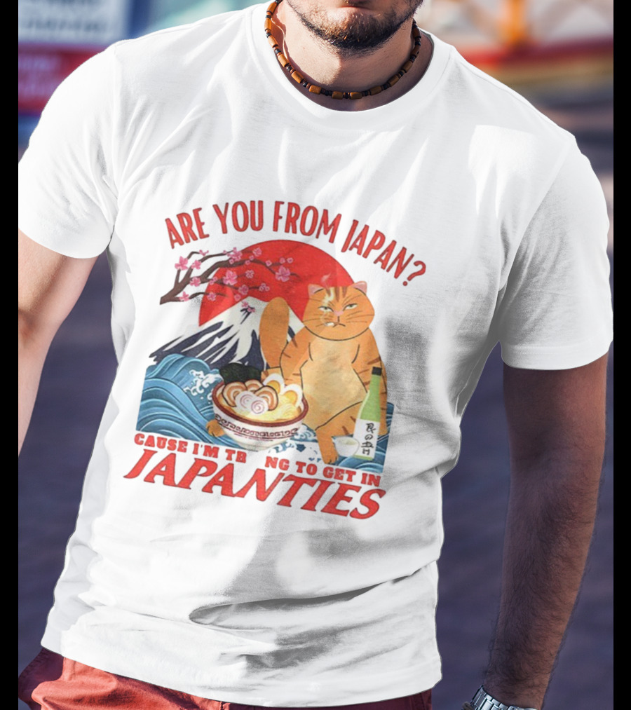 Are You From Japan Funny Cat Japanties Sushi Mt. Fuji Background T-Shirt