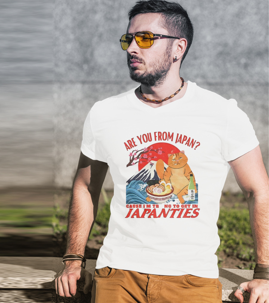 Are You From Japan Funny Cat Japanties Sushi Mt. Fuji Background T-Shirt