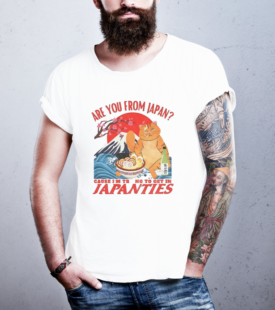 Are You From Japan Funny Cat Japanties Sushi Mt. Fuji Background T-Shirt