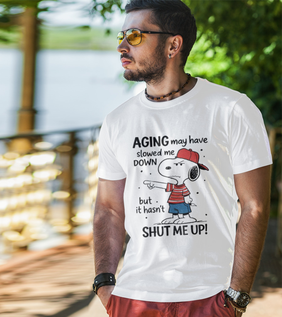 Snoopy Aging May Have Slowed Me Down But It Hasn't Shut Me Up Red Hat Striped Blue Shorts T-Shirt