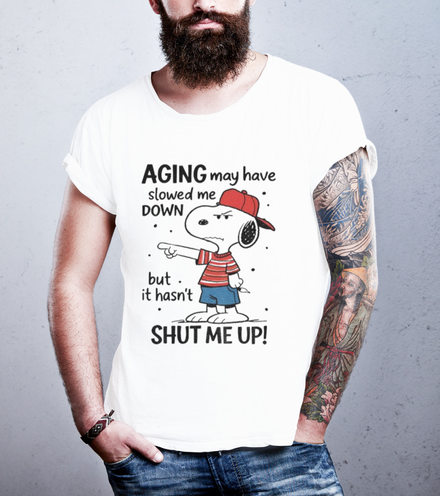 Snoopy Aging May Have Slowed Me Down But It Hasn't Shut Me Up Red Hat Striped Blue Shorts T-Shirt