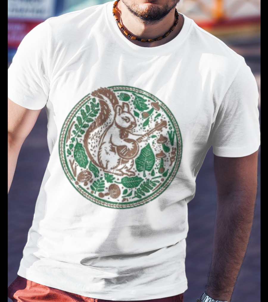 Squirrel Playing Banjo Nature Acorns Leaves Mushrooms T-Shirt