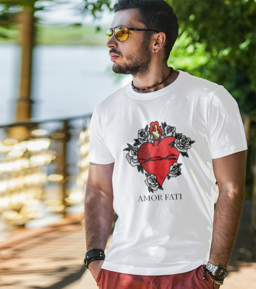 Amor Fati Sacred Heart Barbed Wire Roses Flame T-Shirt