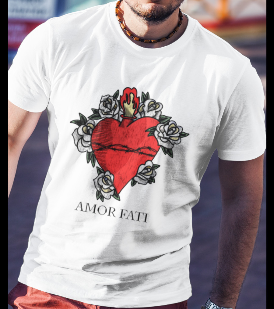 Amor Fati Sacred Heart Barbed Wire Roses Flame T-Shirt