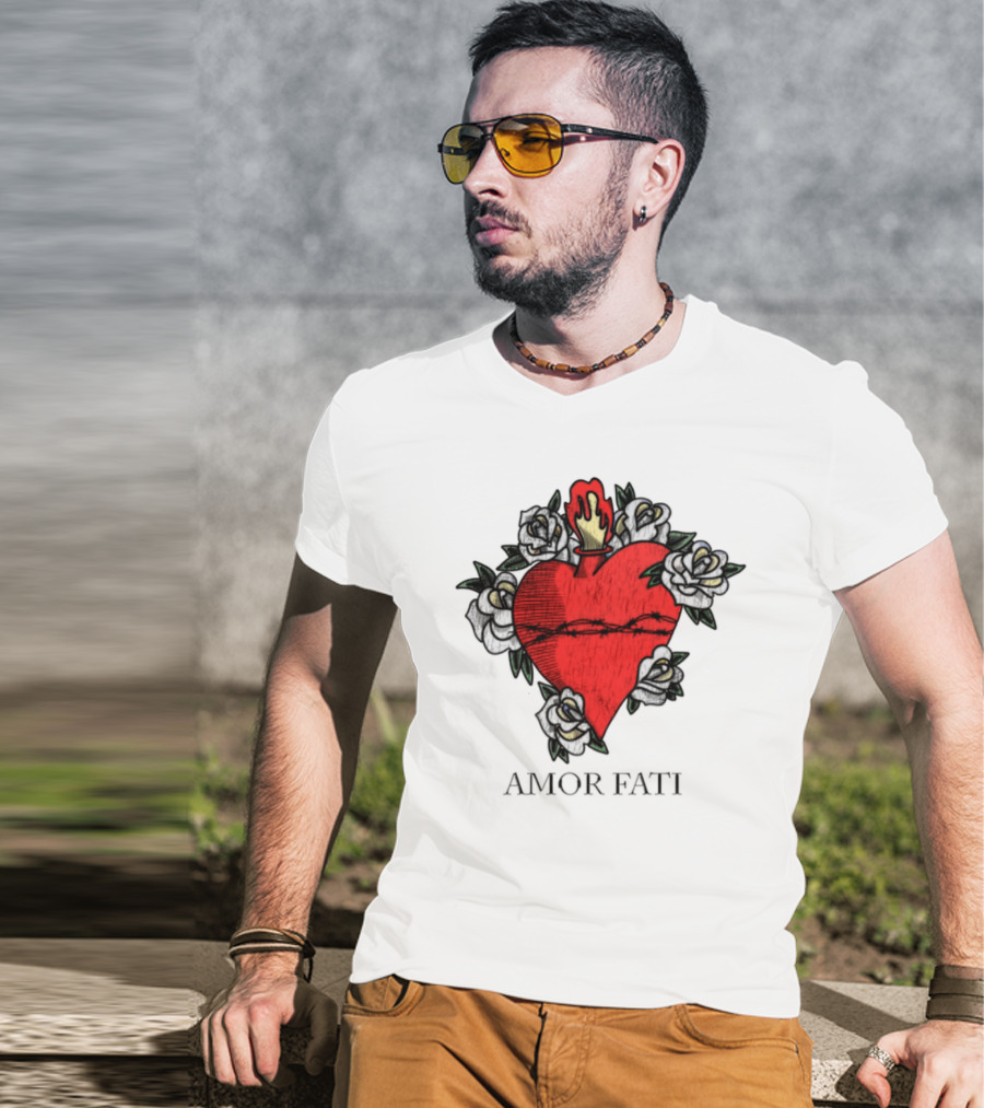 Amor Fati Sacred Heart Barbed Wire Roses Flame T-Shirt