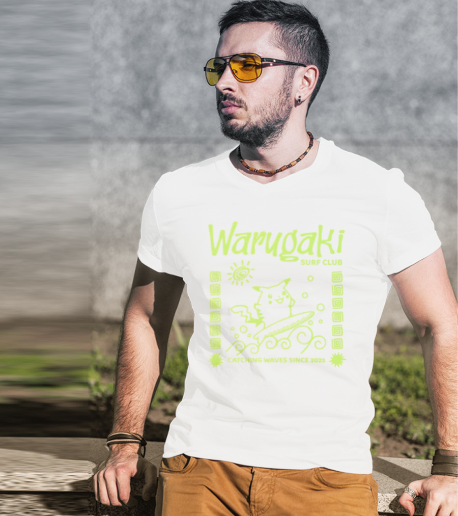 Warugaki Surf Club Pikachu Surfing Illustration Sun And Waves T-Shirt