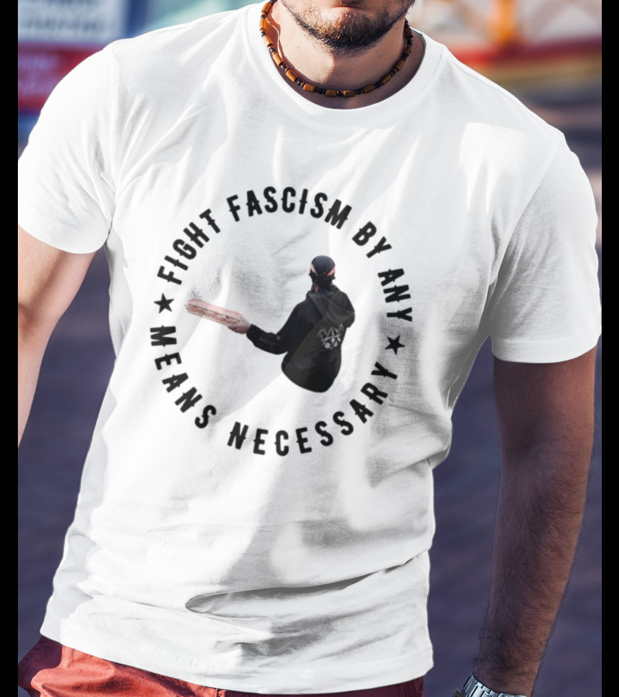 Fight Fascism By Any Means Necessary Red Bat Masked Figure T-Shirt
