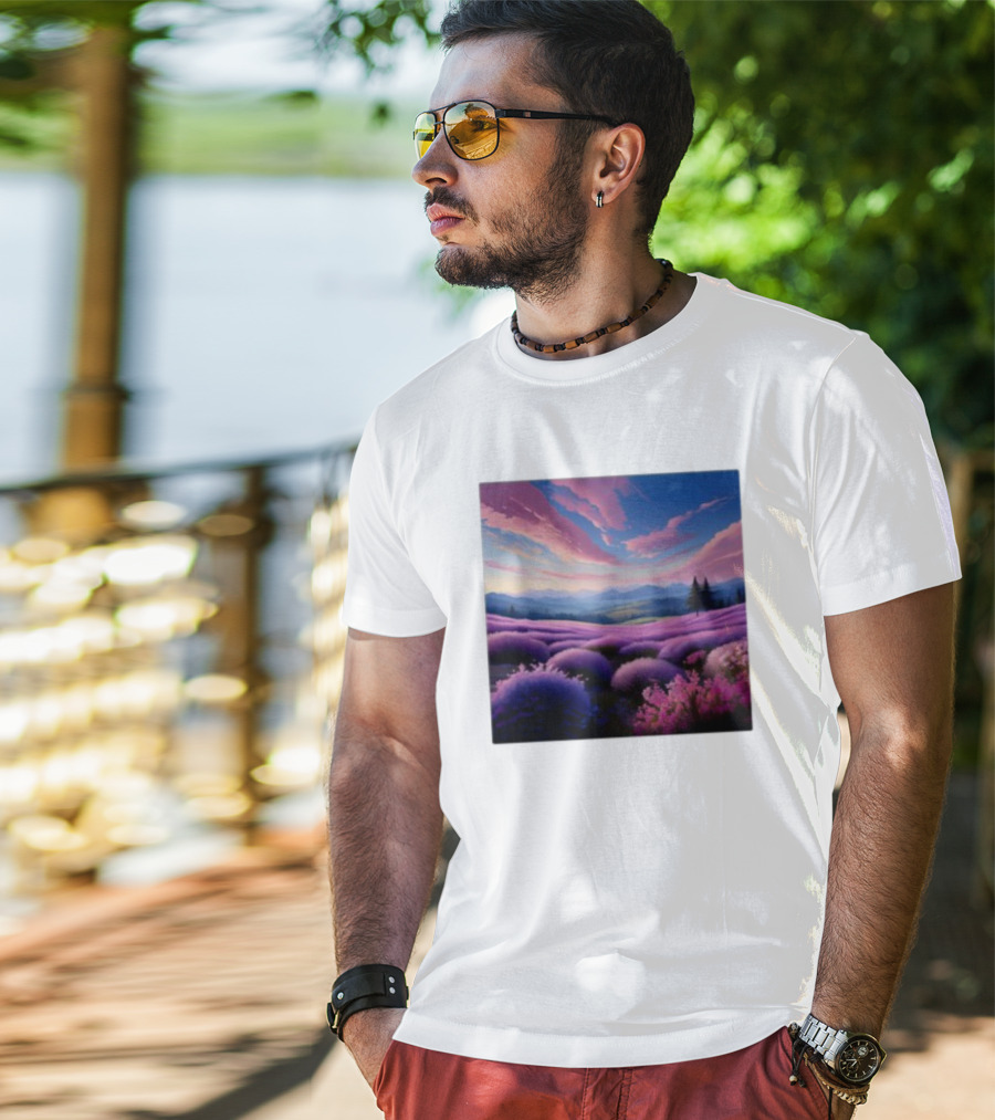 Her Radiant Bloom Lavender Sunset Landscape With Pink And Purple Sky T-Shirt