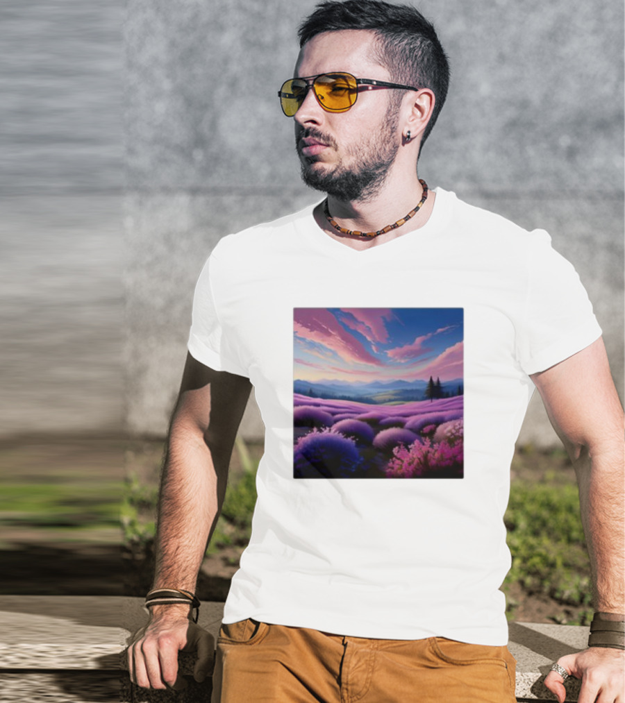 Her Radiant Bloom Lavender Sunset Landscape With Pink And Purple Sky T-Shirt