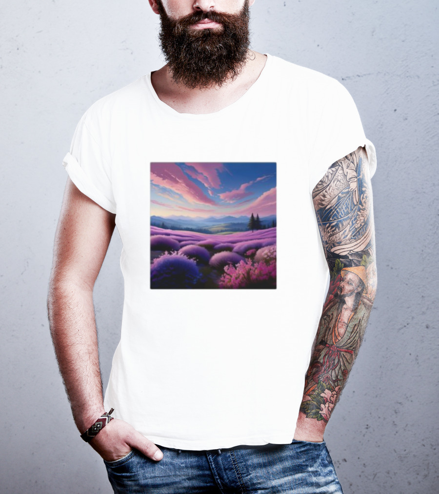 Her Radiant Bloom Lavender Sunset Landscape With Pink And Purple Sky T-Shirt