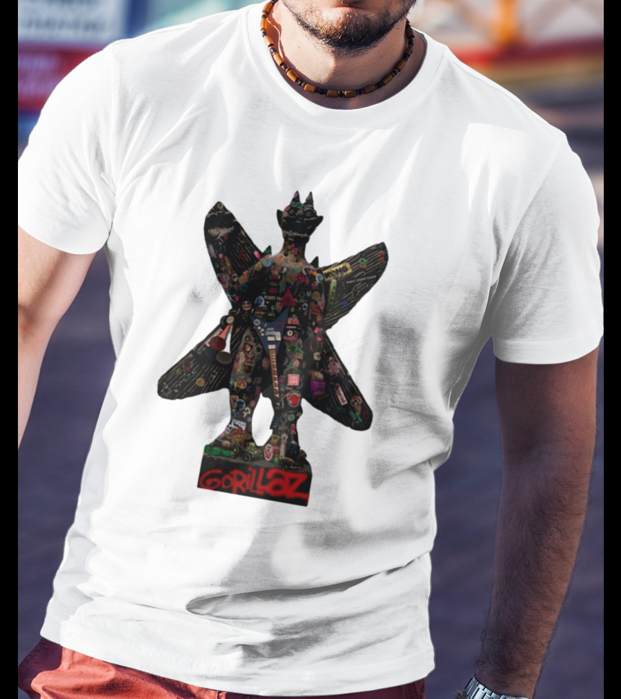 Gorillaz Iconic Pazuzu Figure With Music And Cultural Symbols T-Shirt