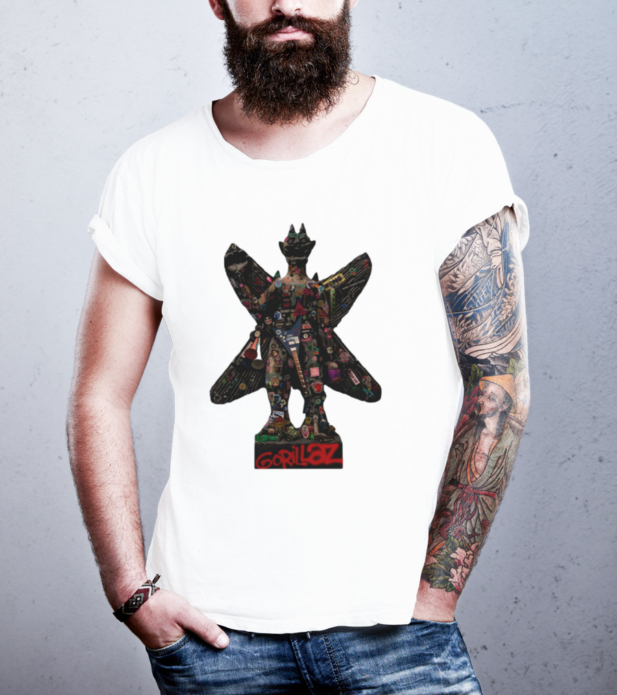 Gorillaz Iconic Pazuzu Figure With Music And Cultural Symbols T-Shirt