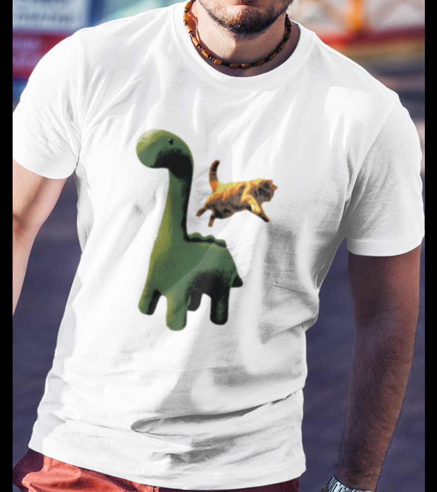 Abram Engle Kurt Dino Green Dinosaur With Leaping Orange Cat T-Shirt