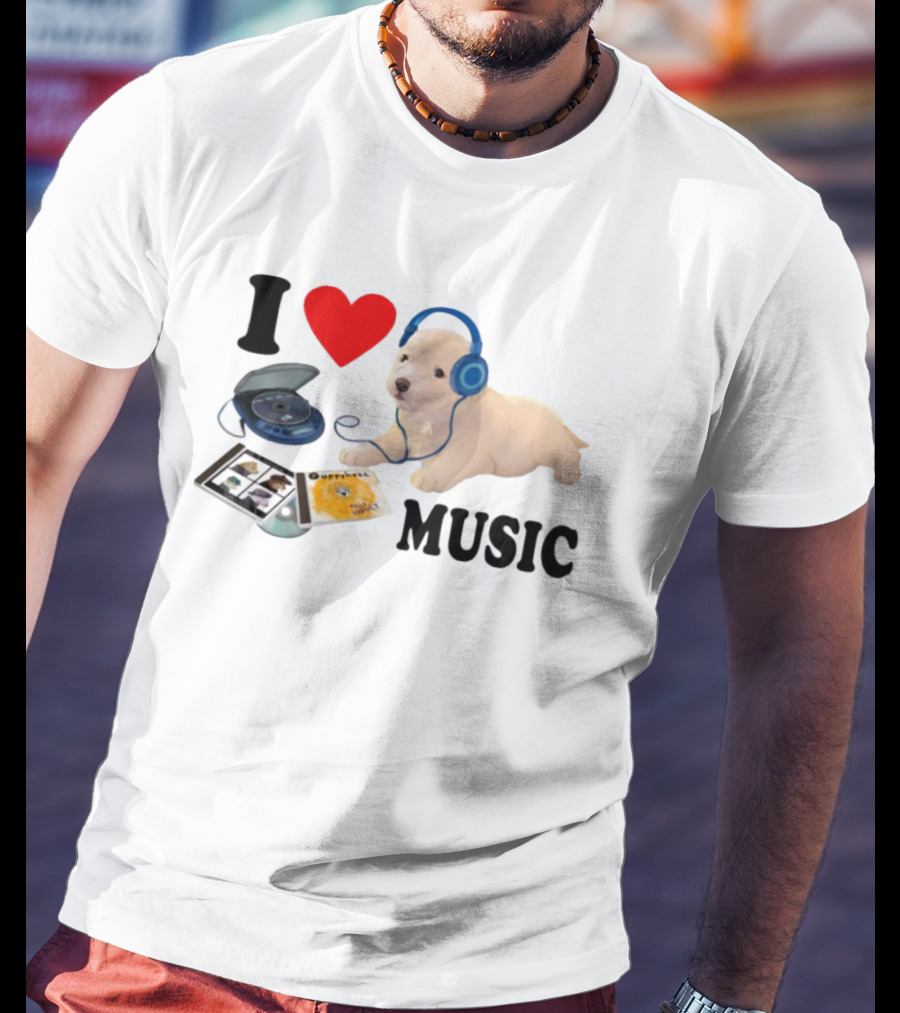 I Love Music Dog Headphones CD Player Album Puppy T-Shirt