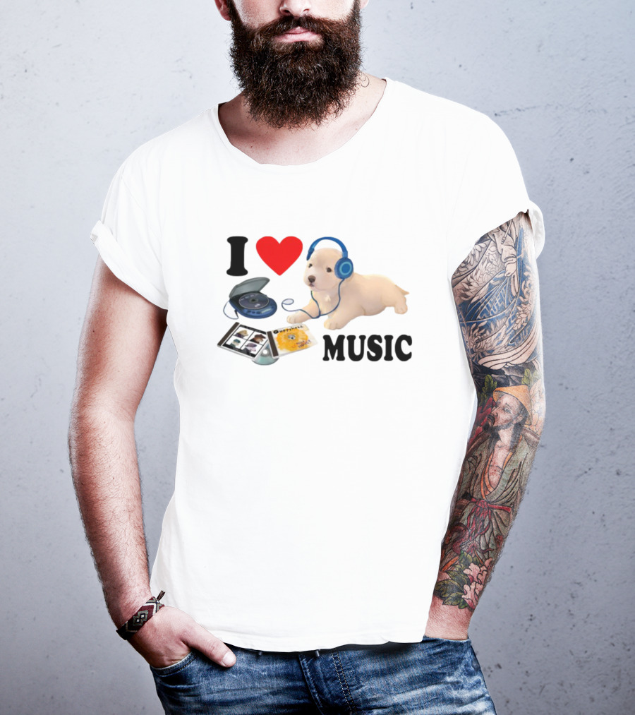 I Love Music Dog Headphones CD Player Album Puppy T-Shirt