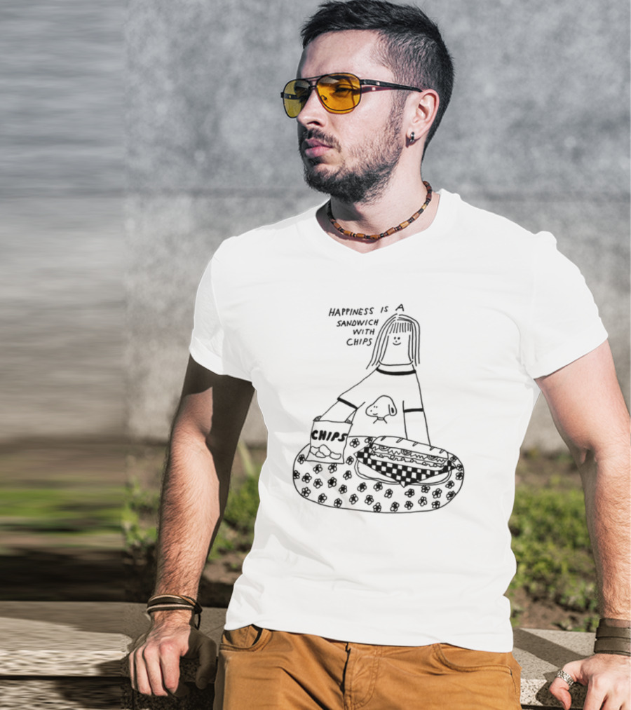 Happiness Is A Sandwich With Chips Fun Skull Character T-Shirt